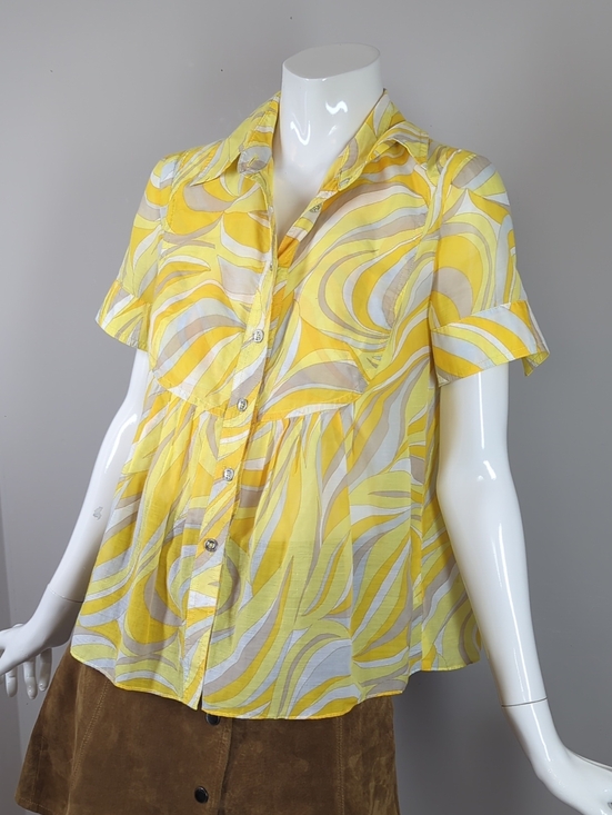 Michael Kors Tops - Women's Yellow Swirl Short-Sleeve Button Front Top Michael Kors Sheer Xs